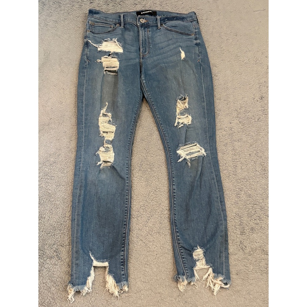 Express Stretch+ Performance Mid Rise Distressed Ankle Legging Jeans Blue 10R
